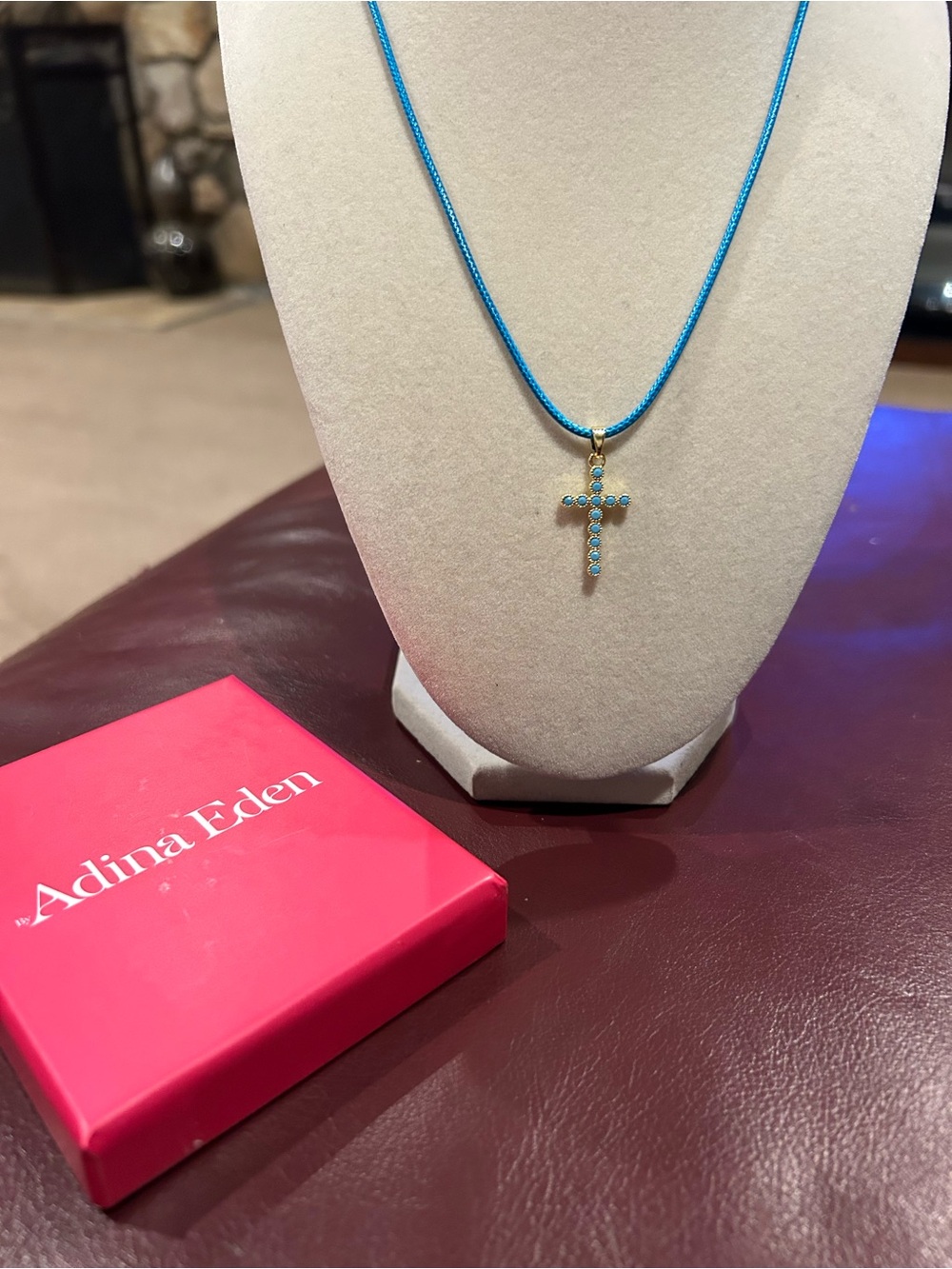 Adina Eden Gold Cross Pendant with Turquoise Stones on 17 To 19” Blue Cord - Picture 2 of 6